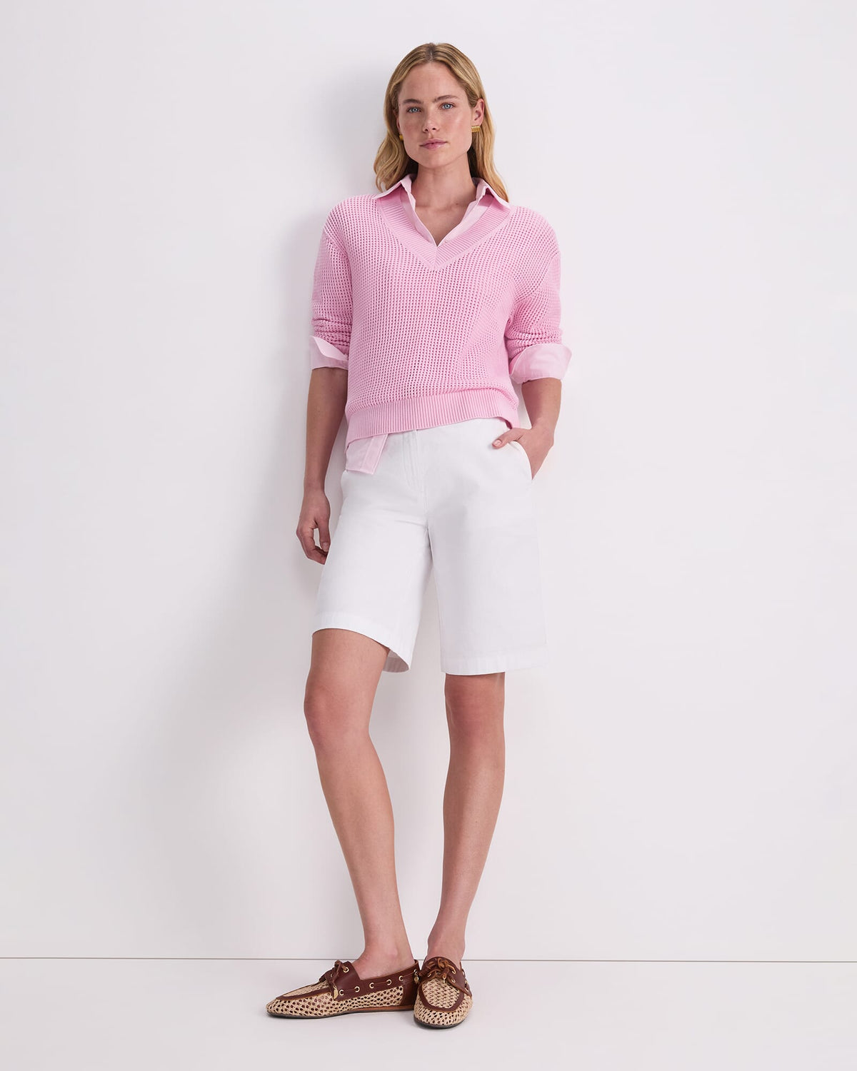 Cotton Crochet V-Neck Knit