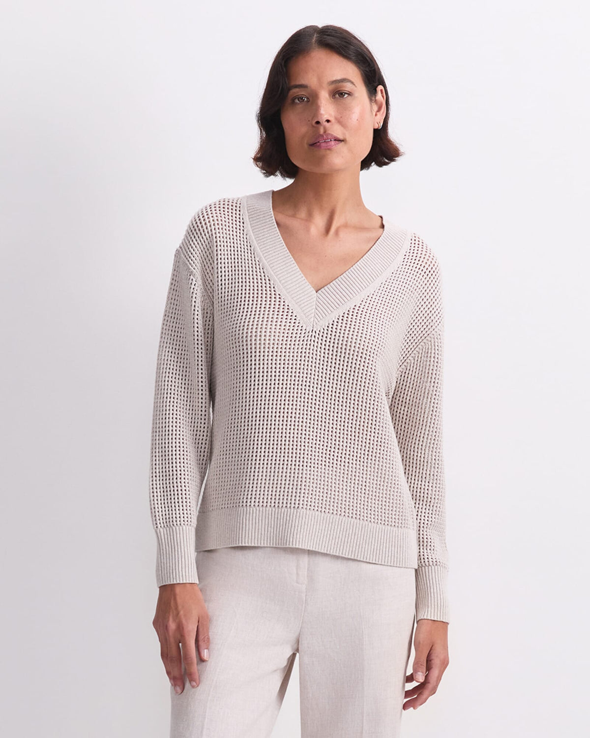 Cotton Crochet V-Neck Knit